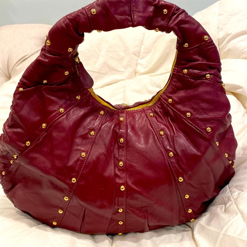 GOLDENBLEU burgundy leather purse 👛 semi circular bag with gold tone stud over